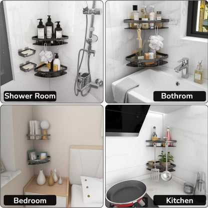 Corner shower caddy with rustproof aluminum finish, designed for waterproof wall-mounted installation, providing organized bathroom storage. 5