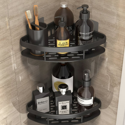 Corner shower caddy with rustproof aluminum finish, designed for waterproof wall-mounted installation, providing organized bathroom storage. 6