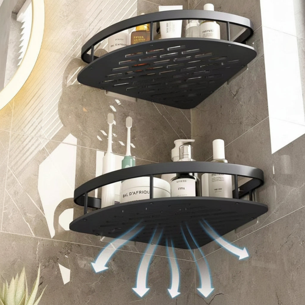 Corner shower caddy with rustproof aluminum finish, designed for waterproof wall-mounted installation, providing organized bathroom storage. 7