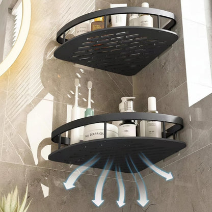Corner shower caddy with rustproof aluminum finish, designed for waterproof wall-mounted installation, providing organized bathroom storage. 7