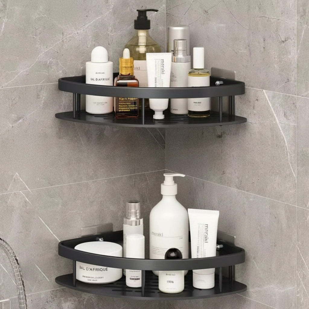 Corner shower caddy with rustproof aluminum finish, designed for waterproof wall-mounted installation, providing organized bathroom storage. 8