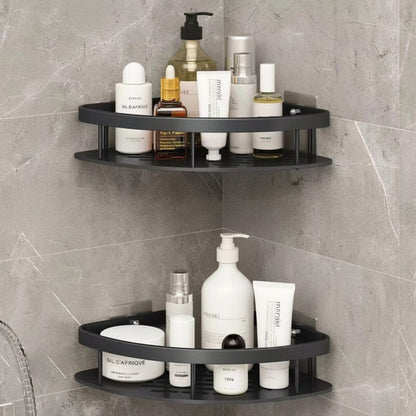 Corner shower caddy with rustproof aluminum finish, designed for waterproof wall-mounted installation, providing organized bathroom storage. 8