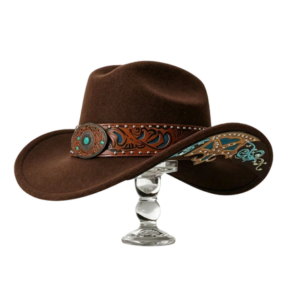 Brown wool felt cowboy hat featuring a classic silhouette and comfortable fit, perfect for adding a touch of Western style to any outfit. 0