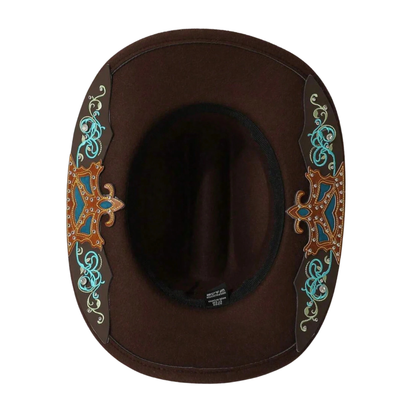 Brown wool felt cowboy hat featuring a classic silhouette and comfortable fit, perfect for adding a touch of Western style to any outfit. 1