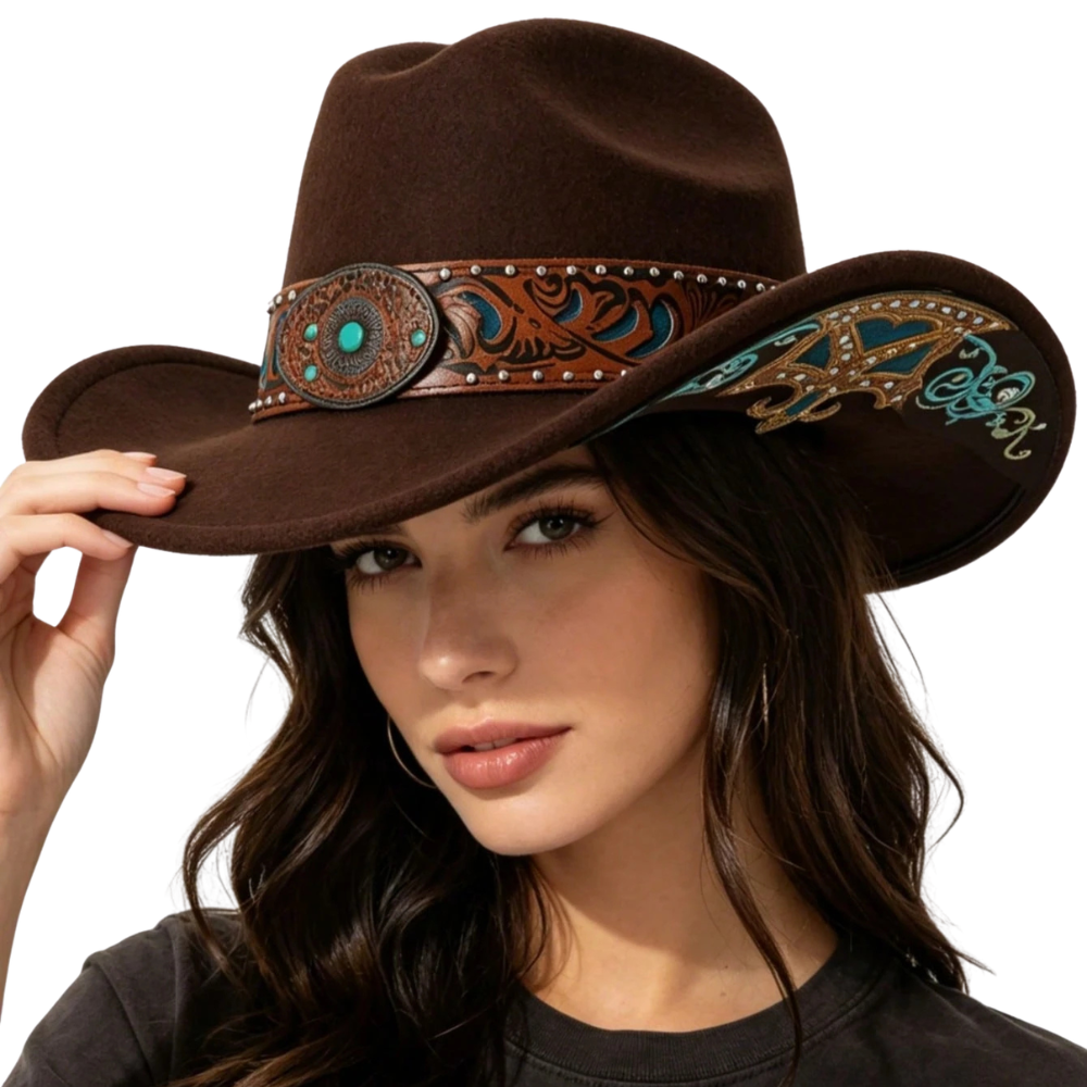 Brown wool felt cowboy hat featuring a classic silhouette and comfortable fit, perfect for adding a touch of Western style to any outfit. 2