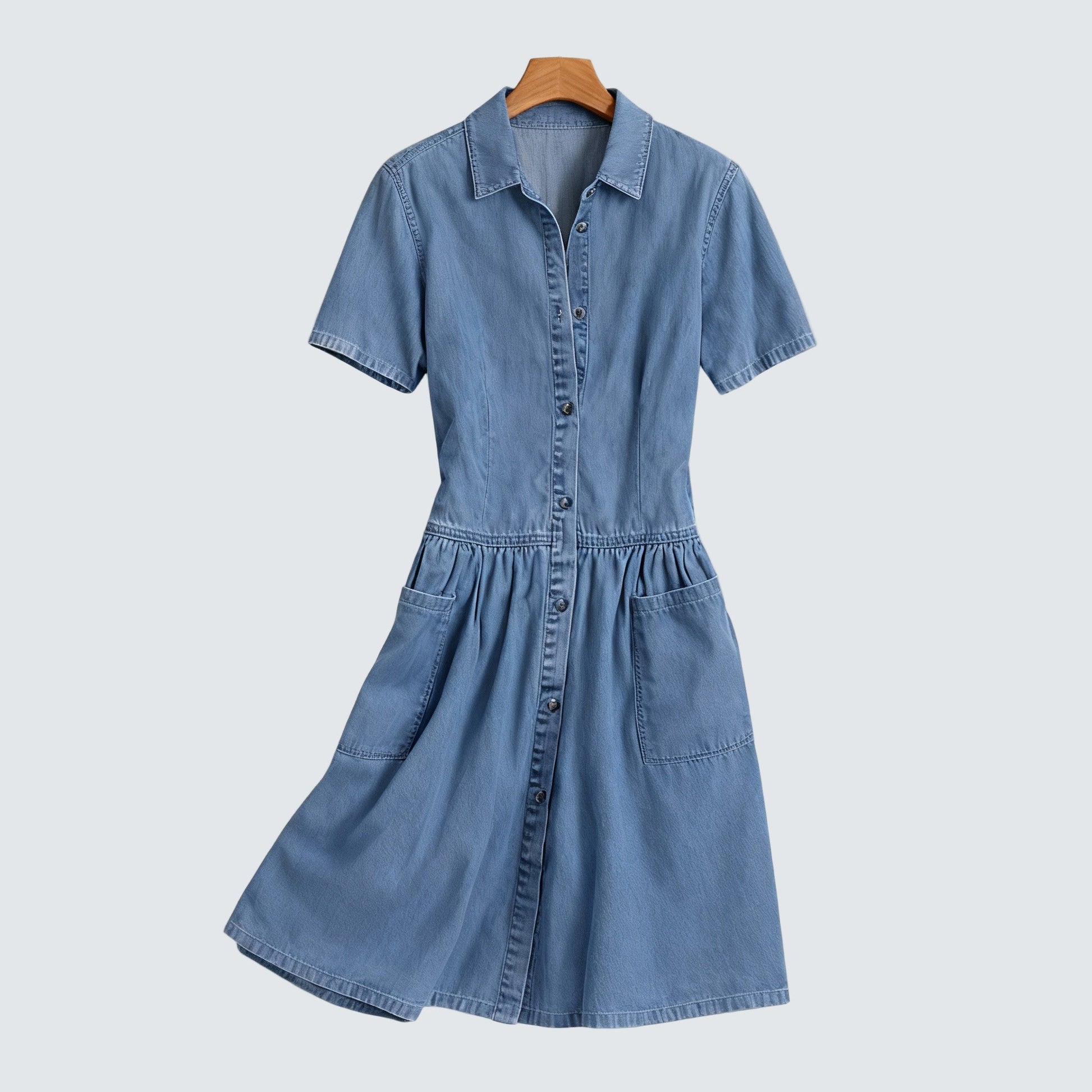 Denim dress for women featuring a button-front design and A-line hem, made from soft washed denim, perfect for everyday wear. 1