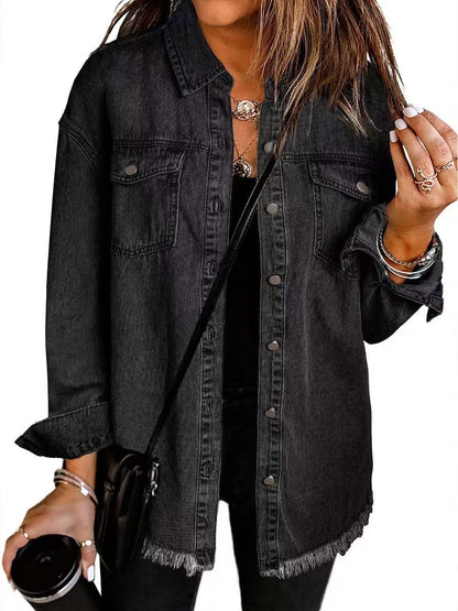 Classic blue oversized denim jacket for women featuring a relaxed fit and functional pockets, perfect for casual outings and layering. 0