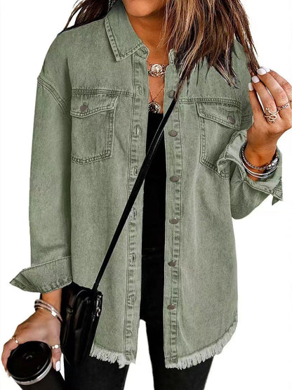 Classic blue oversized denim jacket for women featuring a relaxed fit and functional pockets, perfect for casual outings and layering. 3