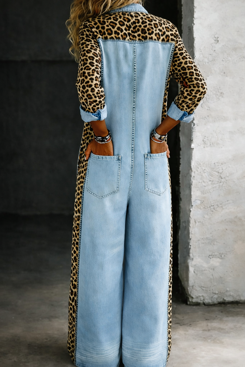 Denim jumpsuit for women featuring a stylish cowboy print, designed in imitation denim with an ankle-length cut. 1