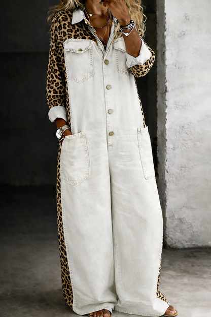 Denim jumpsuit for women featuring a stylish cowboy print, designed in imitation denim with an ankle-length cut. 2