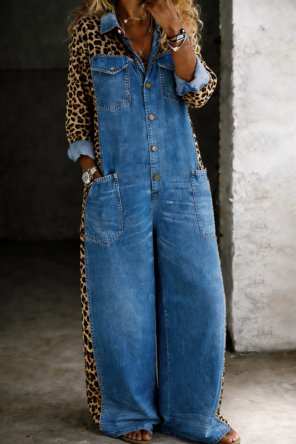Denim jumpsuit for women featuring a stylish cowboy print, designed in imitation denim with an ankle-length cut. 3