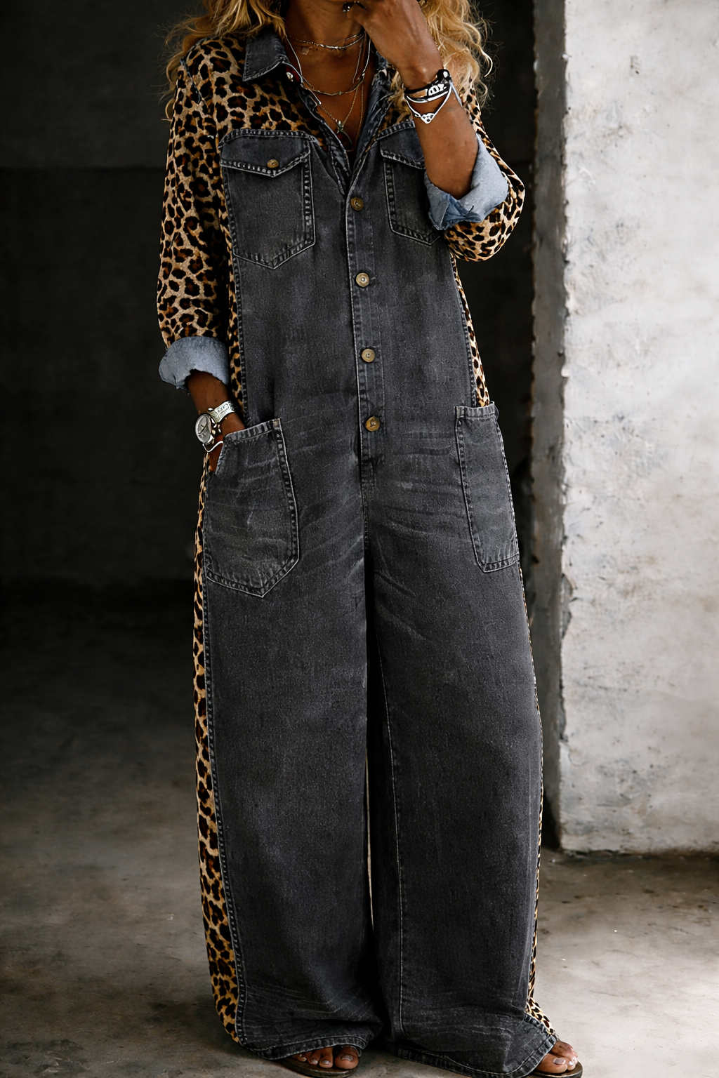 Denim jumpsuit for women featuring a stylish cowboy print, designed in imitation denim with an ankle-length cut. 4