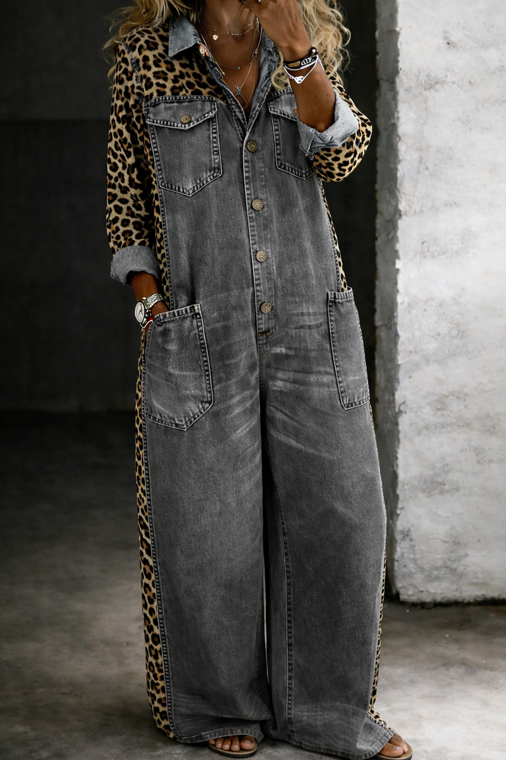 Denim jumpsuit for women featuring a stylish cowboy print, designed in imitation denim with an ankle-length cut. 5