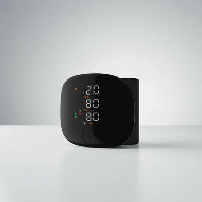 Digital wrist blood pressure monitor featuring a compact design, USB rechargeable battery, and memory function, ideal for home use. 1