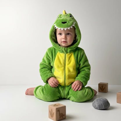 Dinosaur fleece baby romper featuring a spiny hood and full-length zip, made from soft flannel for cozy comfort. 0