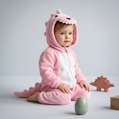 Dinosaur fleece baby romper featuring a spiny hood and full-length zip, made from soft flannel for cozy comfort. 8