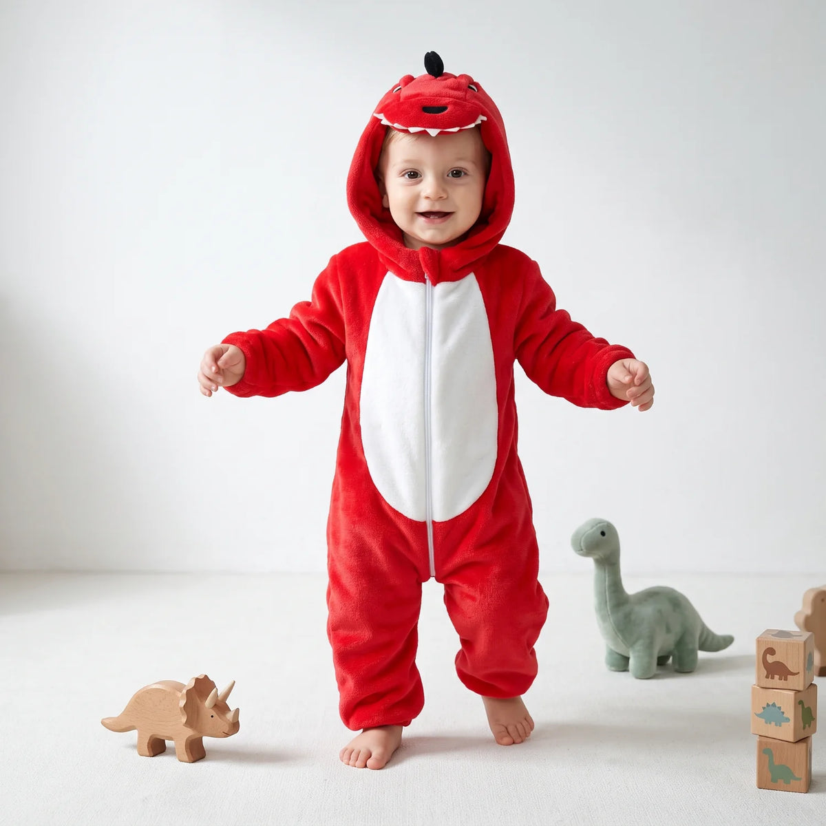Dinosaur fleece baby romper featuring a spiny hood and full-length zip, made from soft flannel for cozy comfort. 9