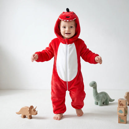 Dinosaur fleece baby romper featuring a spiny hood and full-length zip, made from soft flannel for cozy comfort. 9