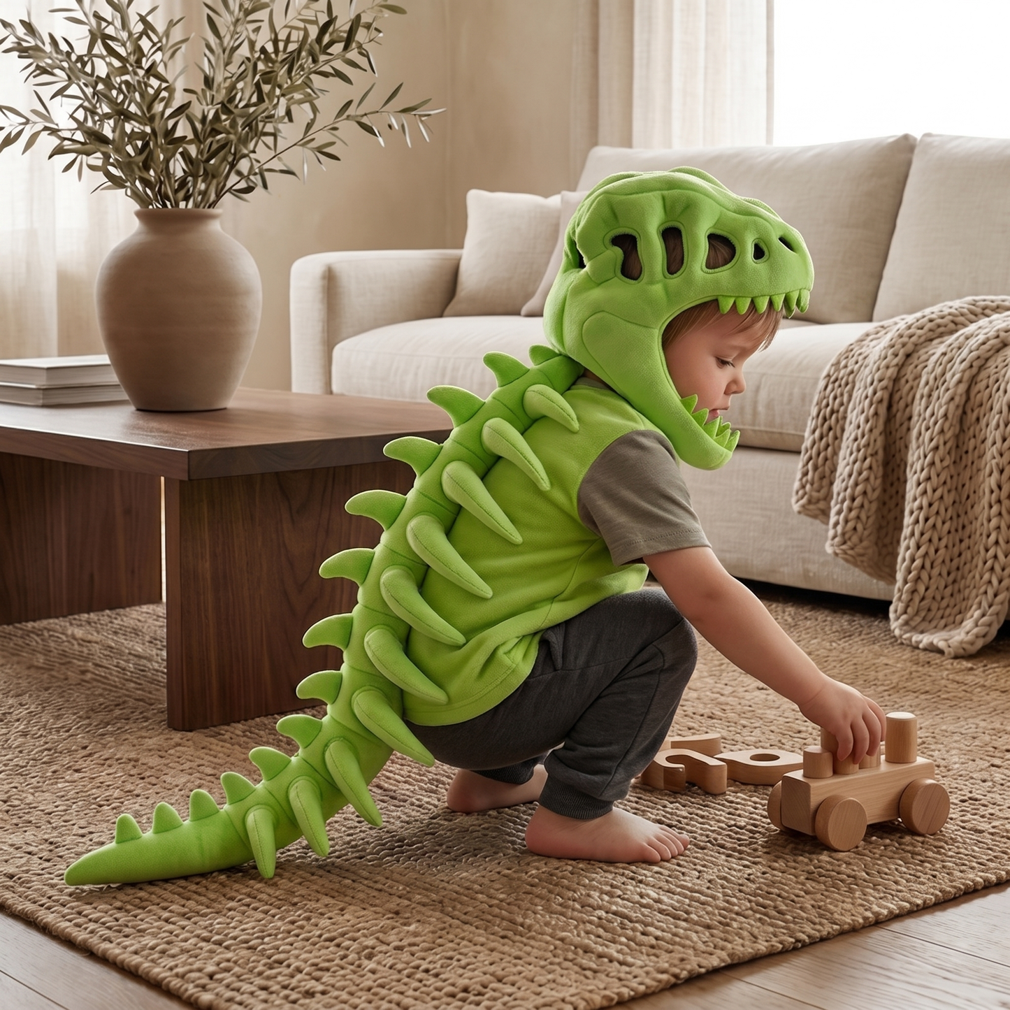 Dinosaur plush hoodie for kids featuring a soft and cozy design, perfect for playful adventures, with vibrant colors and adorable dinosaur details. 4