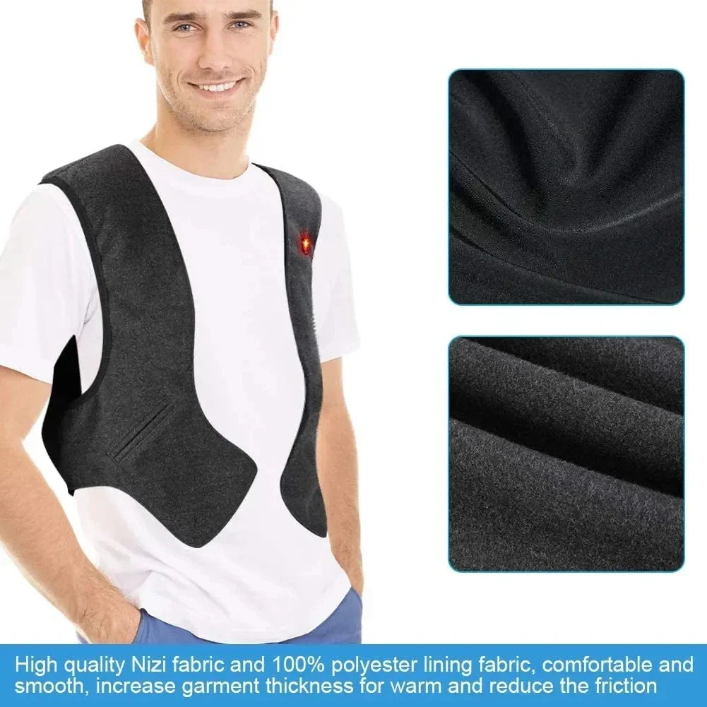 Electric heated vest with USB power, featuring a sleeveless polyester design, ideal for outdoor activities, providing warmth and comfort in cold weather. 2