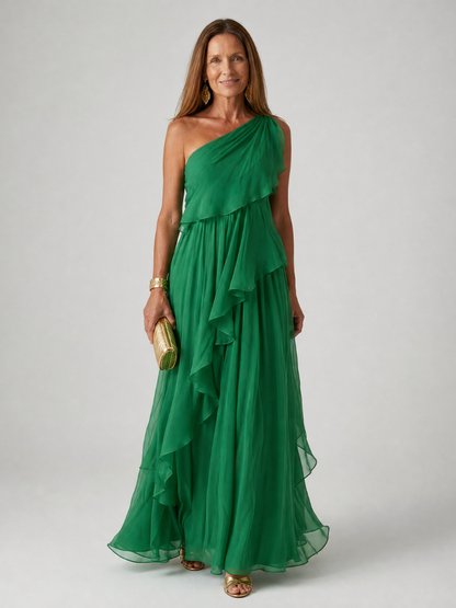Elegant maxi dress featuring cascading ruffles and a stylish one-shoulder design, made from lightweight soft fabric, perfect for special occasions and summer outings. 0