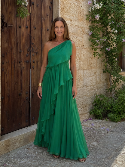 Elegant maxi dress featuring cascading ruffles and a stylish one-shoulder design, made from lightweight soft fabric, perfect for special occasions and summer outings. 4