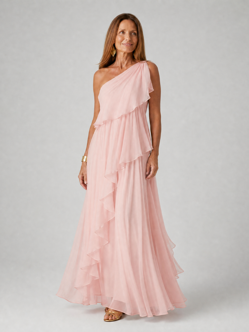 Elegant maxi dress featuring cascading ruffles and a stylish one-shoulder design, made from lightweight soft fabric, perfect for special occasions and summer outings. 5