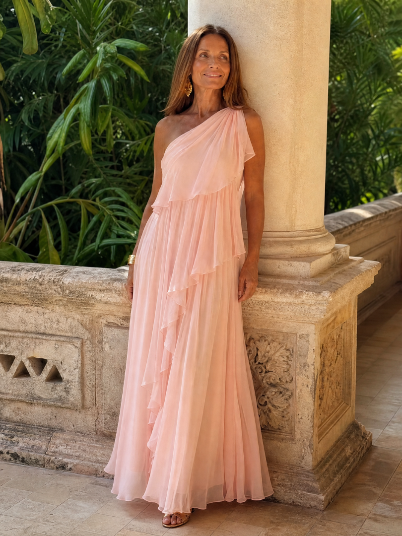 Elegant maxi dress featuring cascading ruffles and a stylish one-shoulder design, made from lightweight soft fabric, perfect for special occasions and summer outings. 6