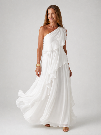 Elegant maxi dress featuring cascading ruffles and a stylish one-shoulder design, made from lightweight soft fabric, perfect for special occasions and summer outings. 7