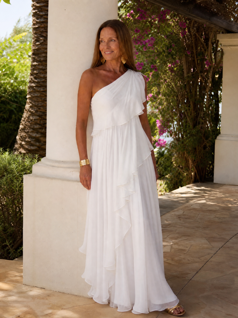 Elegant maxi dress featuring cascading ruffles and a stylish one-shoulder design, made from lightweight soft fabric, perfect for special occasions and summer outings. 8
