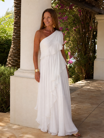 Elegant maxi dress featuring cascading ruffles and a stylish one-shoulder design, made from lightweight soft fabric, perfect for special occasions and summer outings. 8