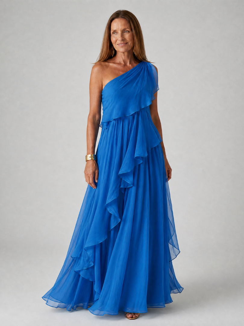 Elegant maxi dress featuring cascading ruffles and a stylish one-shoulder design, made from lightweight soft fabric, perfect for special occasions and summer outings. 9