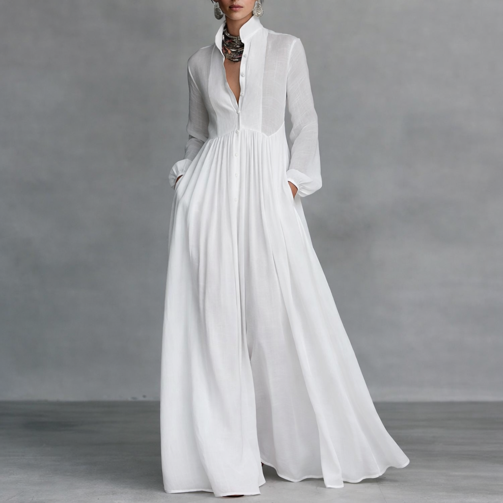Elegant maxi dress featuring a flattering silhouette, made from lightweight fabric, with long sleeves and a classic white color, perfect for both casual outings and special occasions 0