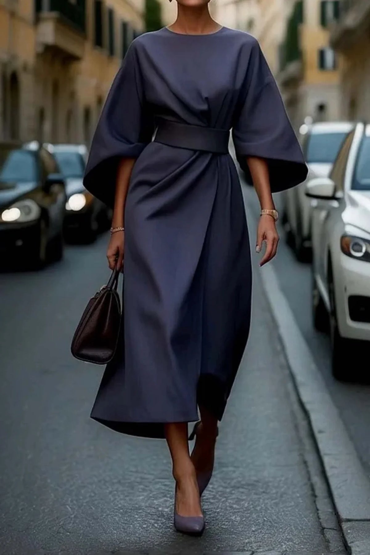 Elegant midi dress featuring lantern sleeves and a drawstring waist, perfect for women seeking a classic and stylish outfit for various occasions. 0