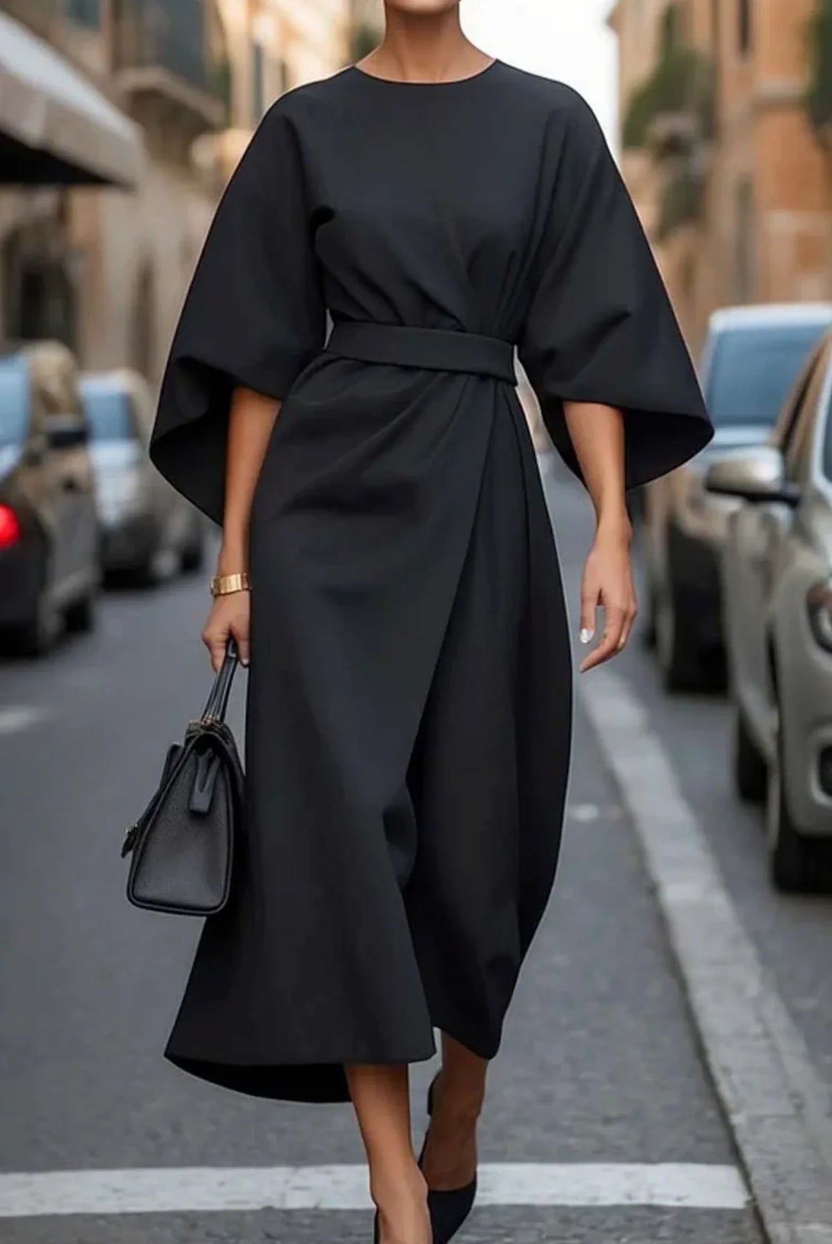 Elegant midi dress featuring lantern sleeves and a drawstring waist, perfect for women seeking a classic and stylish outfit for various occasions. 3