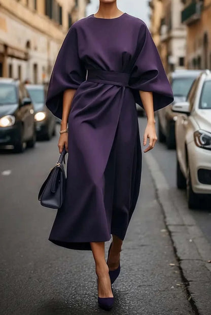 Elegant midi dress featuring lantern sleeves and a drawstring waist, perfect for women seeking a classic and stylish outfit for various occasions. 4