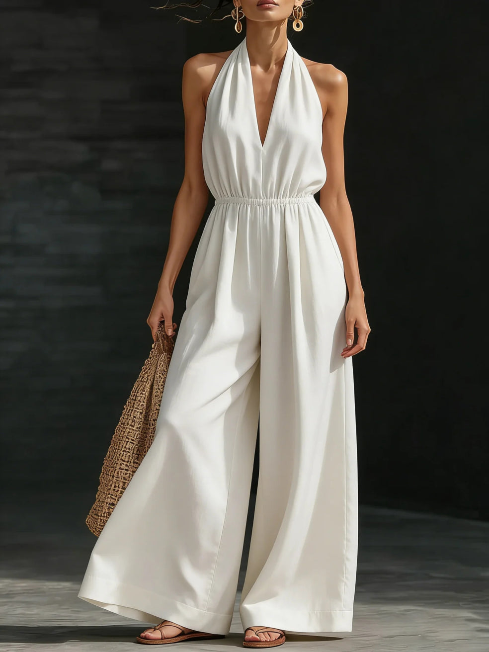 Elegant wide-leg jumpsuit featuring a lace overlay and adjustable halter tie, designed for women in soft, breathable fabric. 2