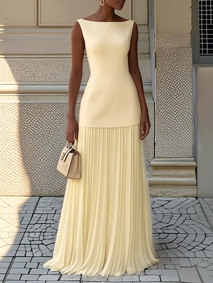 Elegant evening gown featuring a pleated skirt and boat neckline, perfect for formal occasions, designed for a sophisticated and stylish look. 10