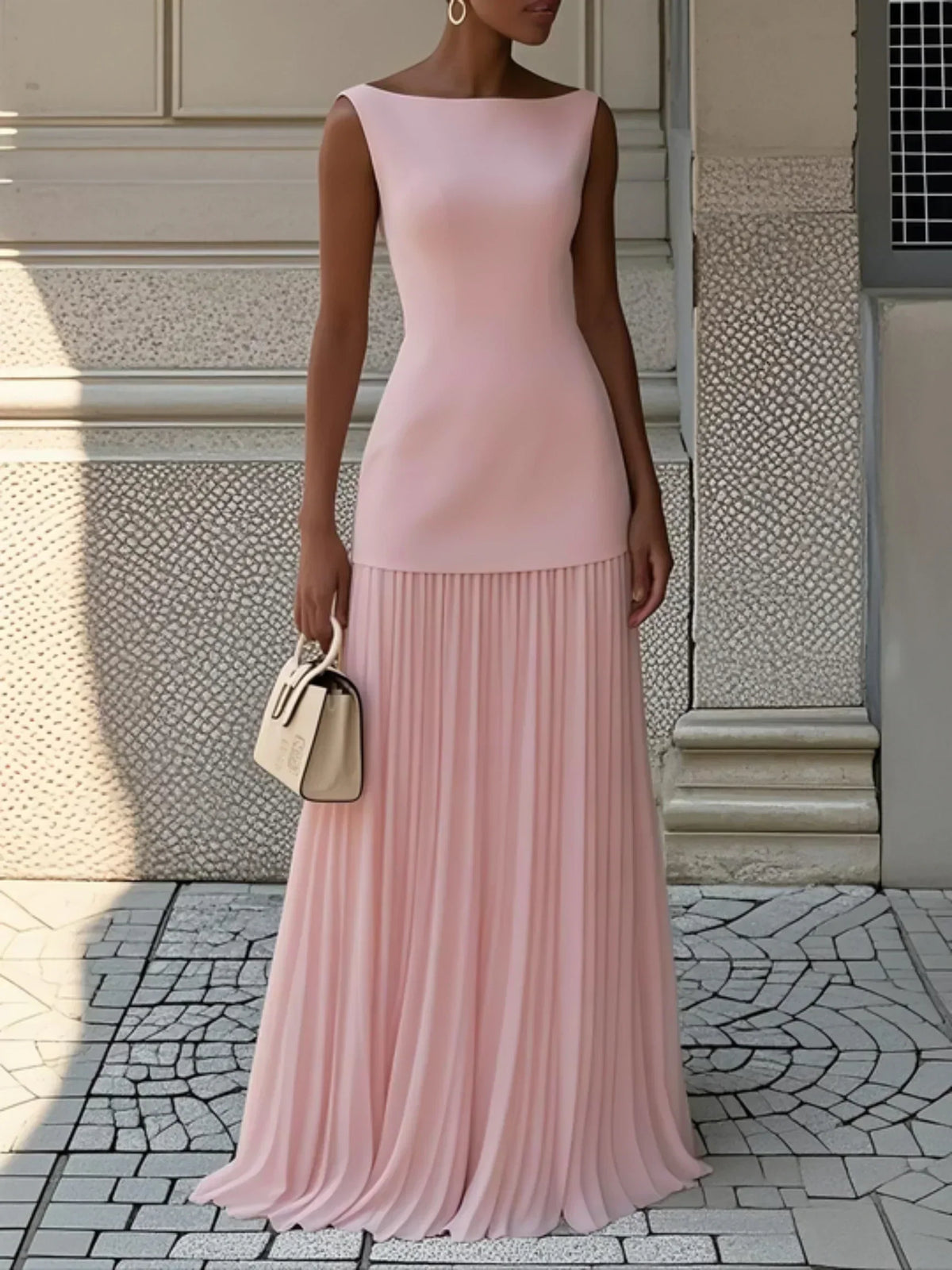 Elegant evening gown featuring a pleated skirt and boat neckline, perfect for formal occasions, designed for a sophisticated and stylish look. 11