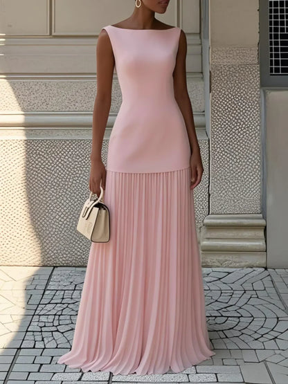 Elegant evening gown featuring a pleated skirt and boat neckline, perfect for formal occasions, designed for a sophisticated and stylish look. 11
