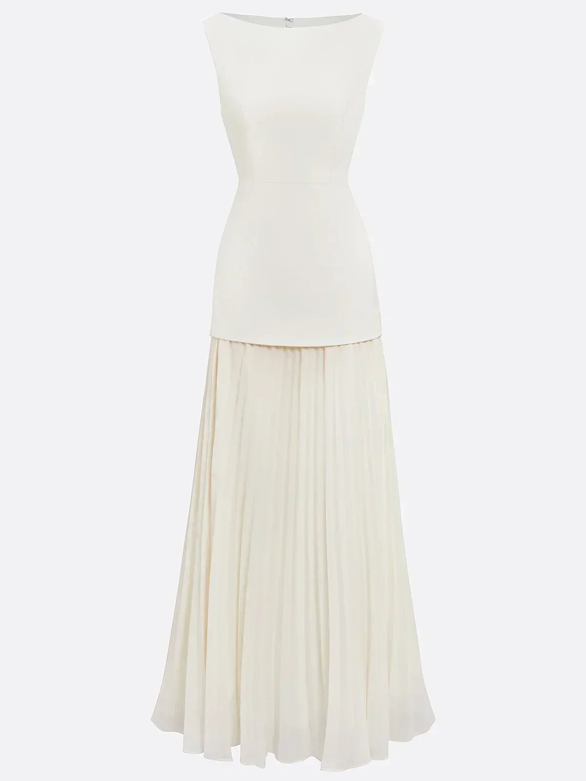 Elegant evening gown featuring a pleated skirt and boat neckline, perfect for formal occasions, designed for a sophisticated and stylish look. 3