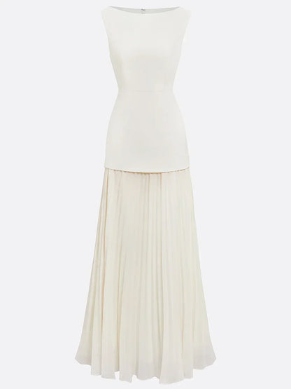 Elegant evening gown featuring a pleated skirt and boat neckline, perfect for formal occasions, designed for a sophisticated and stylish look. 3