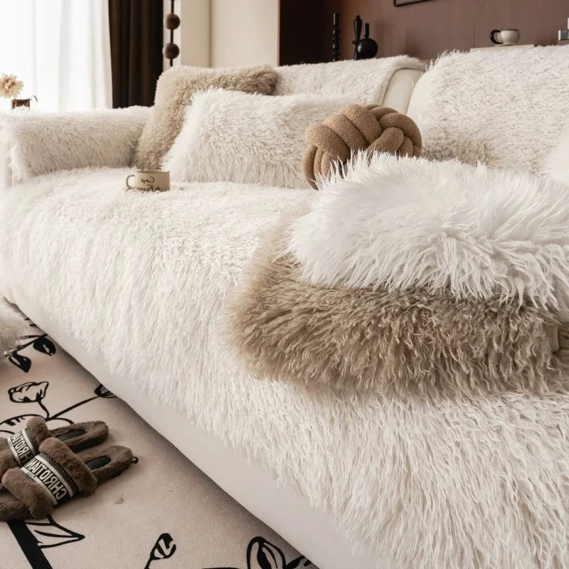 Faux lambswool sofa cover with a stretchable fit, designed to provide cozy protection for various sofa sizes, enhancing comfort and style in any living 1