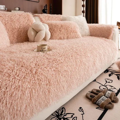 Faux lambswool sofa cover with a stretchable fit, designed to provide cozy protection for various sofa sizes, enhancing comfort and style in any living 5