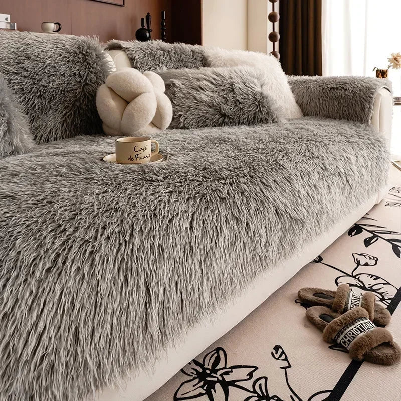 Faux lambswool sofa cover with a stretchable fit, designed to provide cozy protection for various sofa sizes, enhancing comfort and style in any living 6