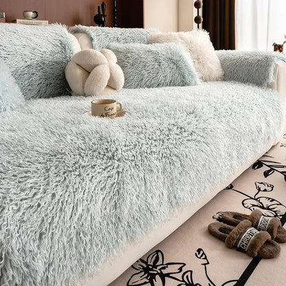 Faux lambswool sofa cover with a stretchable fit, designed to provide cozy protection for various sofa sizes, enhancing comfort and style in any living 7