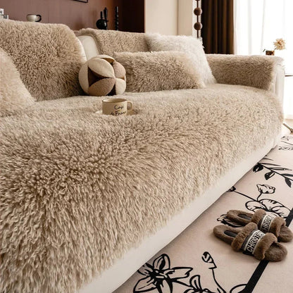 Faux lambswool sofa cover with a stretchable fit, designed to provide cozy protection for various sofa sizes, enhancing comfort and style in any living 8