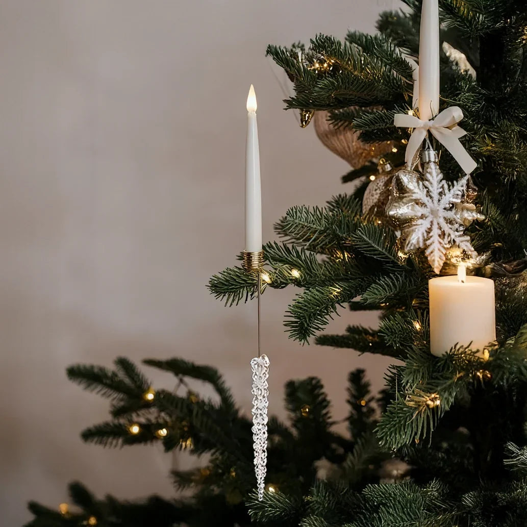 Flameless candle with clip-on crystal design in gold and silver finish, battery-operated, perfect for holiday decor. 3