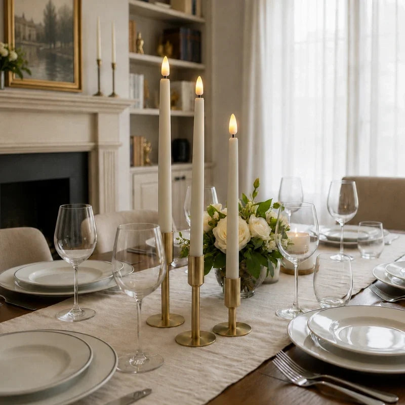 Flameless LED candle tapers for chandelier lighting in slim design, available in customizable finishes, offered in 4, 6, or 10 1