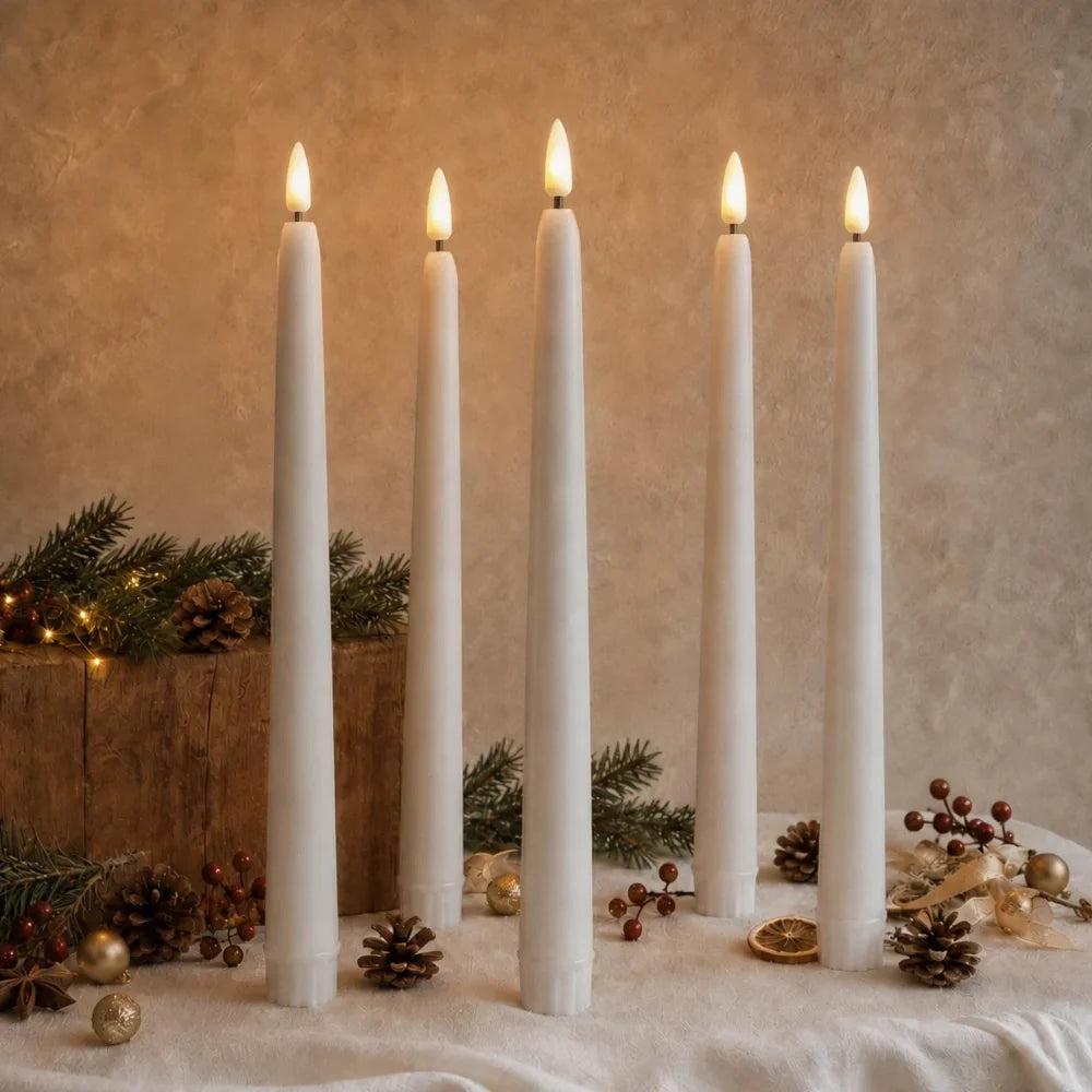 Flameless LED candle tapers for chandelier lighting in slim design, available in customizable finishes, offered in 4, 6, or 10 4